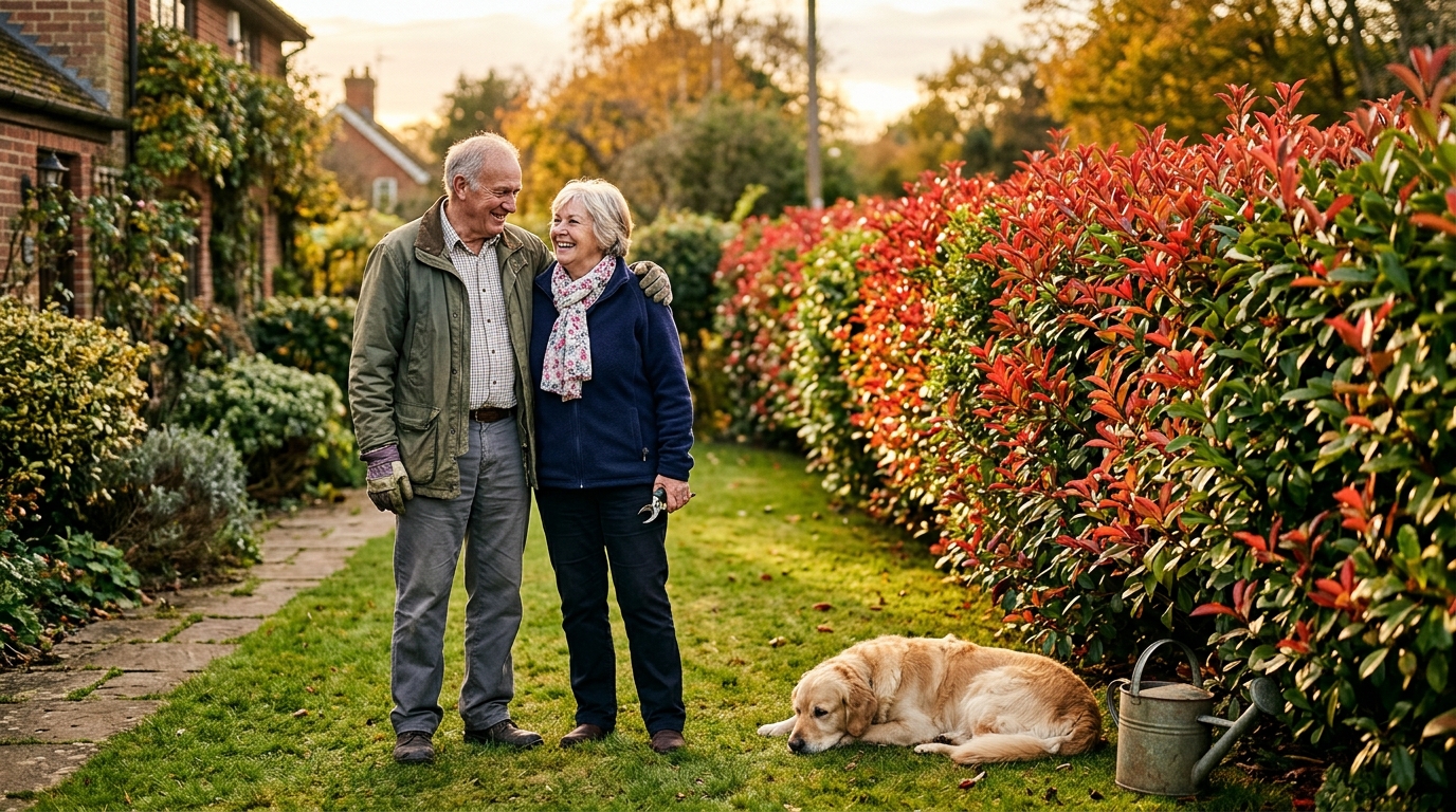 Couple de retraités devant une haie de photinia colorée
