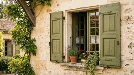 Façade en pierre avec volets vert olive au soleil