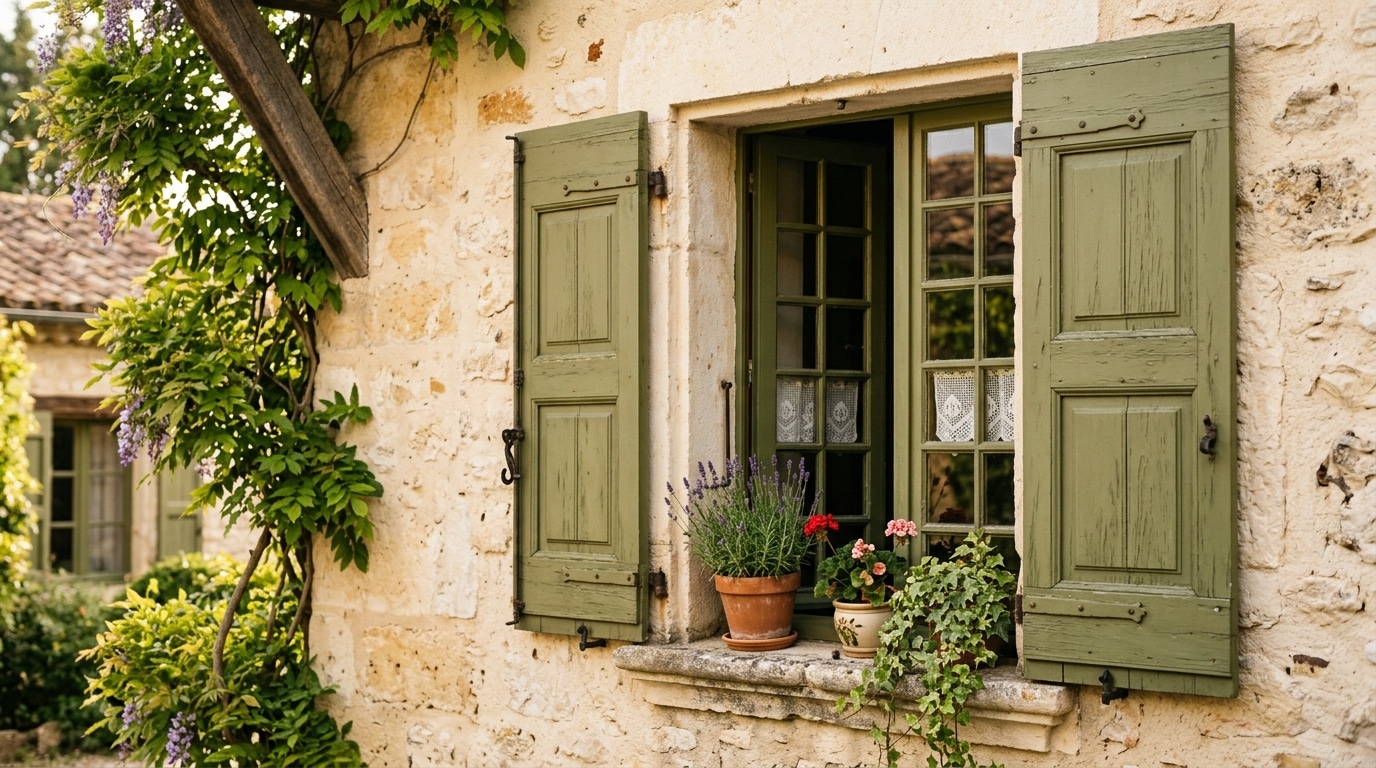 Façade en pierre avec volets vert olive au soleil