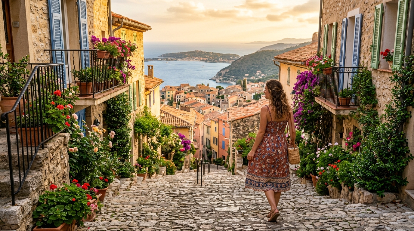 Ruelle fleurie d'un village varois surplombant la mer
