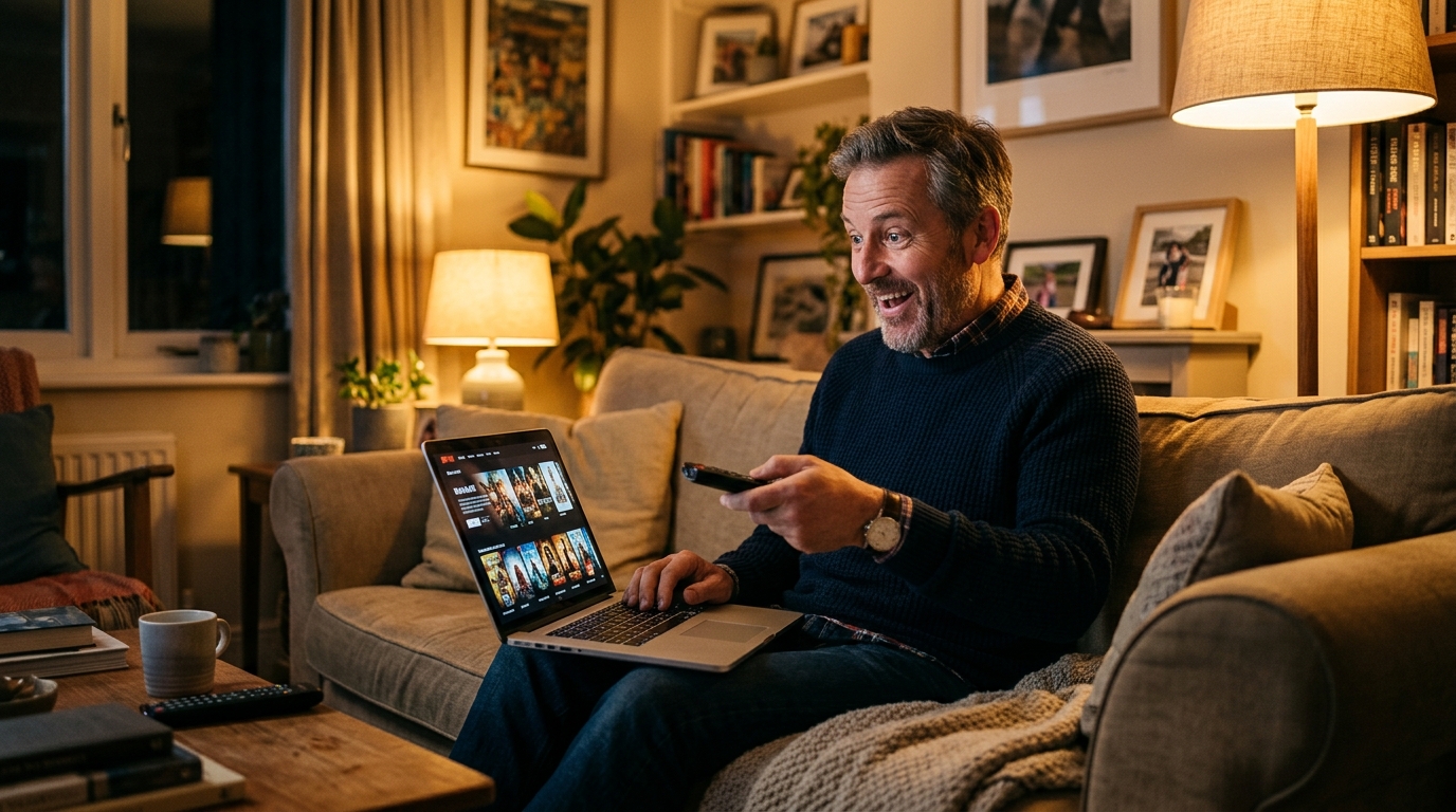 Homme souriant devant un film gratuit sur son ordinateur