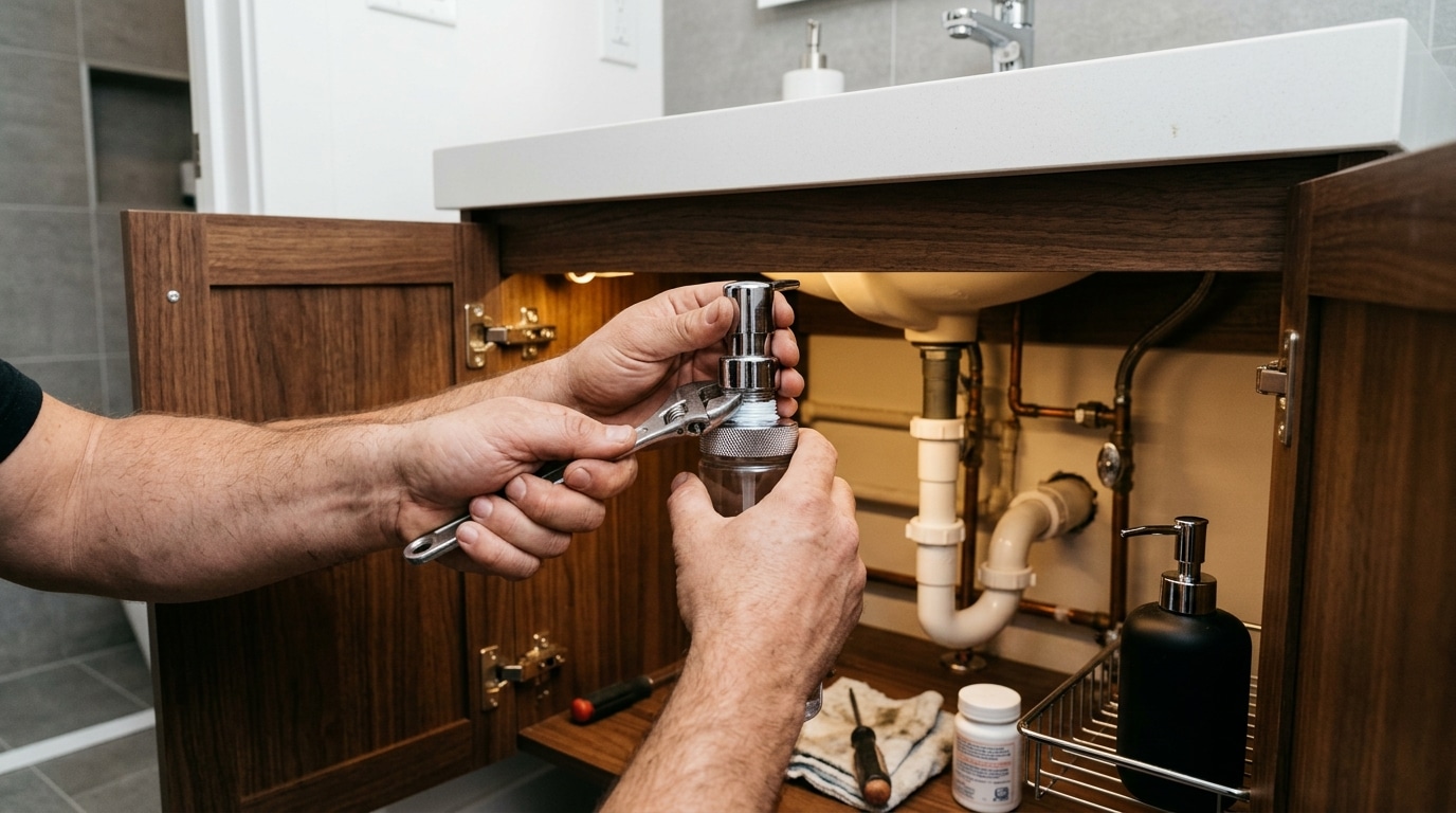 Installation d'un réservoir de savon sous meuble vasque