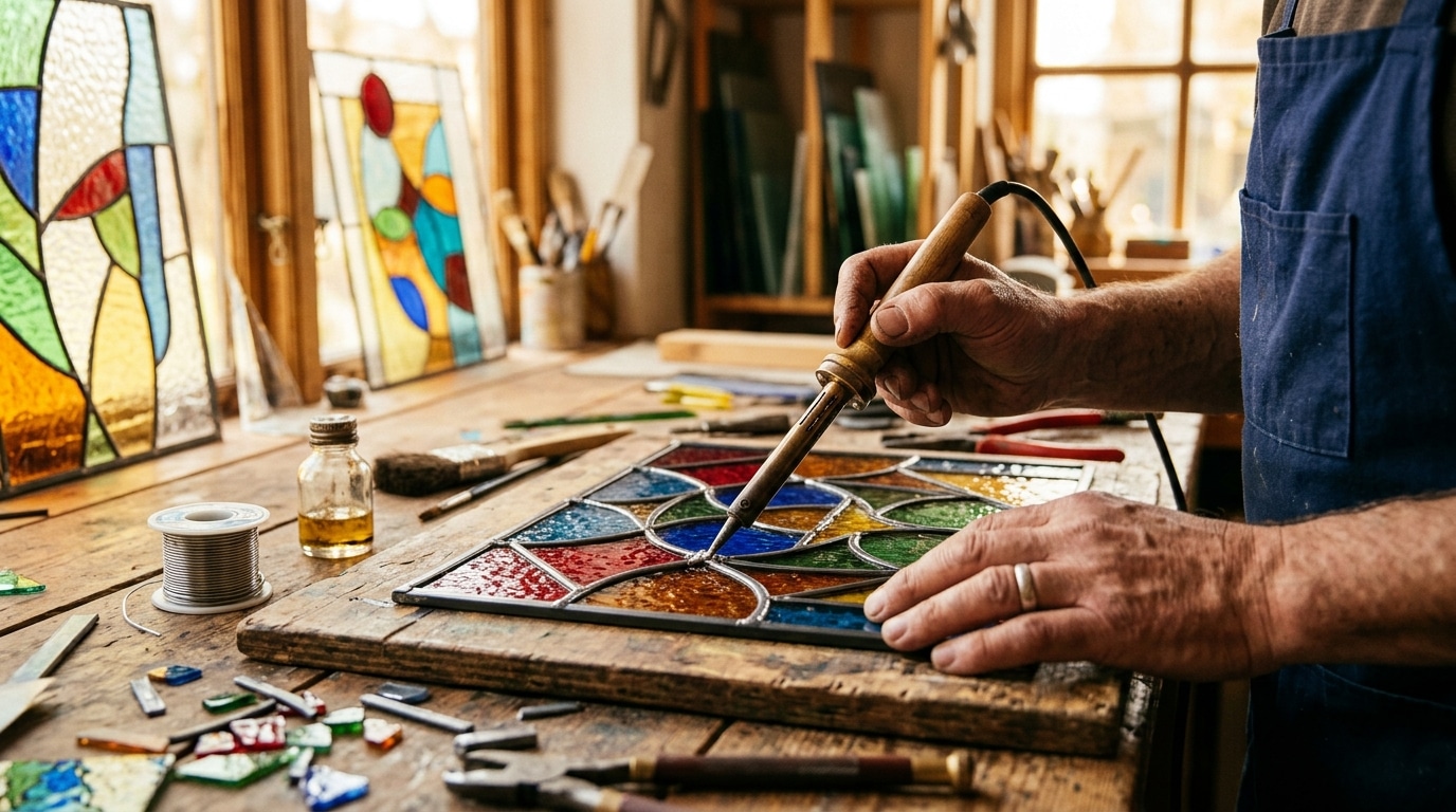 Mains d'artisan assemblant un panneau de vitrail