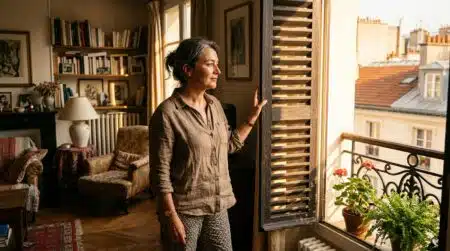 Femme qui ferme ses volets pendant une vague de chaleur