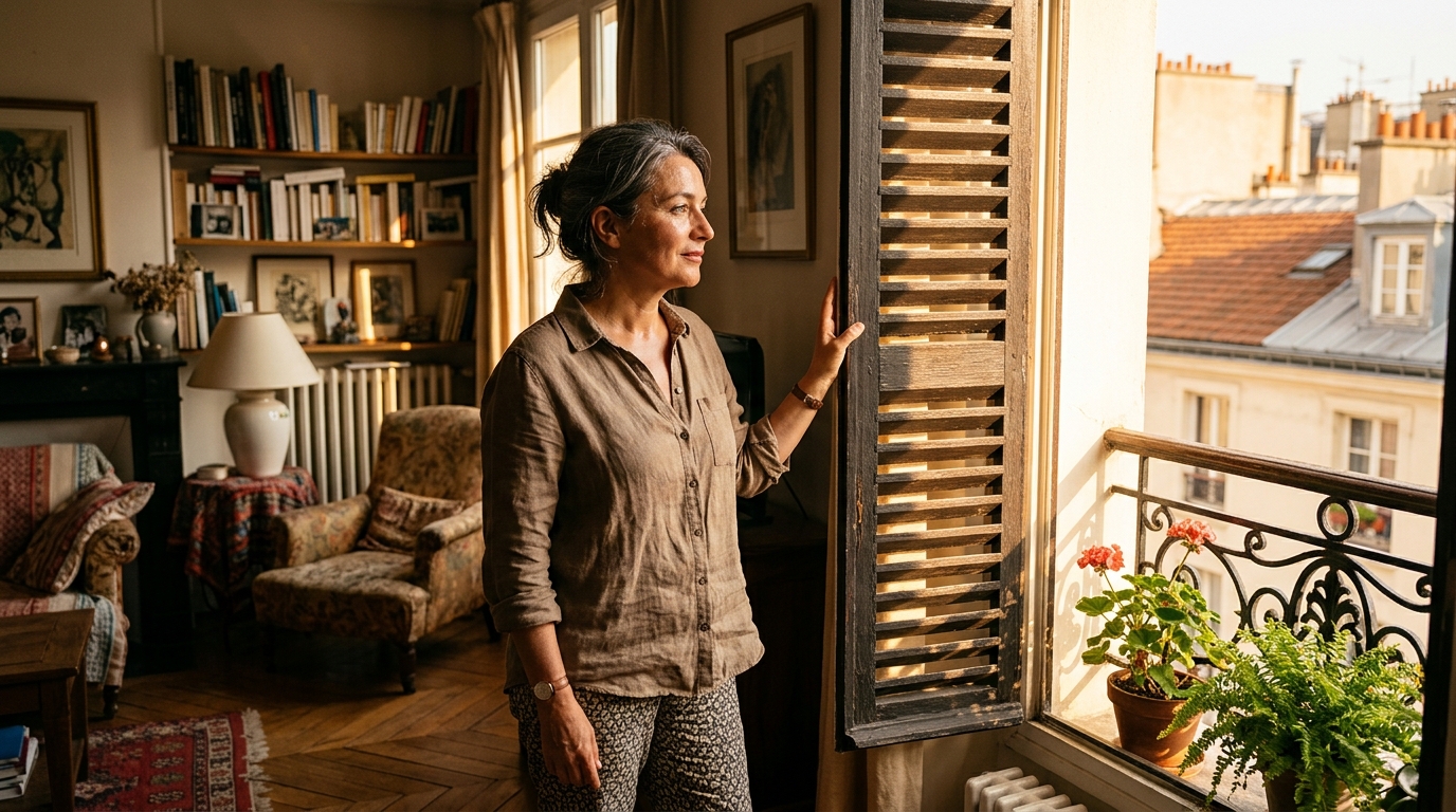 Femme qui ferme ses volets pendant une vague de chaleur