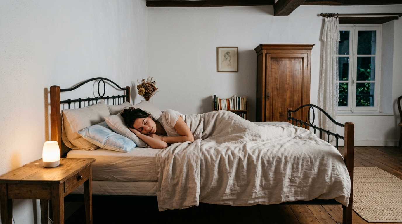 Femme dormant avec un drap en lin et oreiller réfrigéré