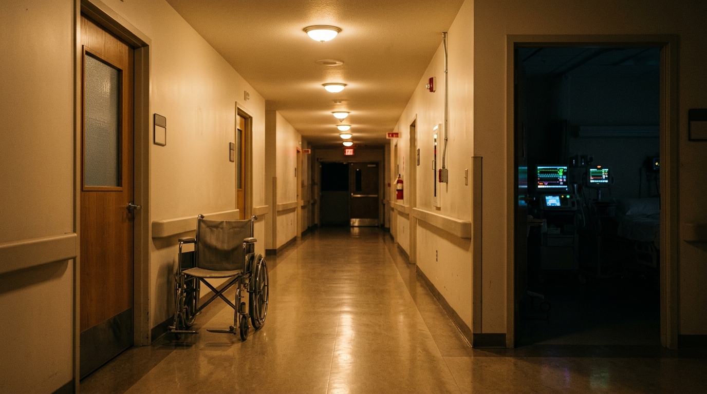 Couloir d'hôpital vide la nuit avec fauteuil roulant