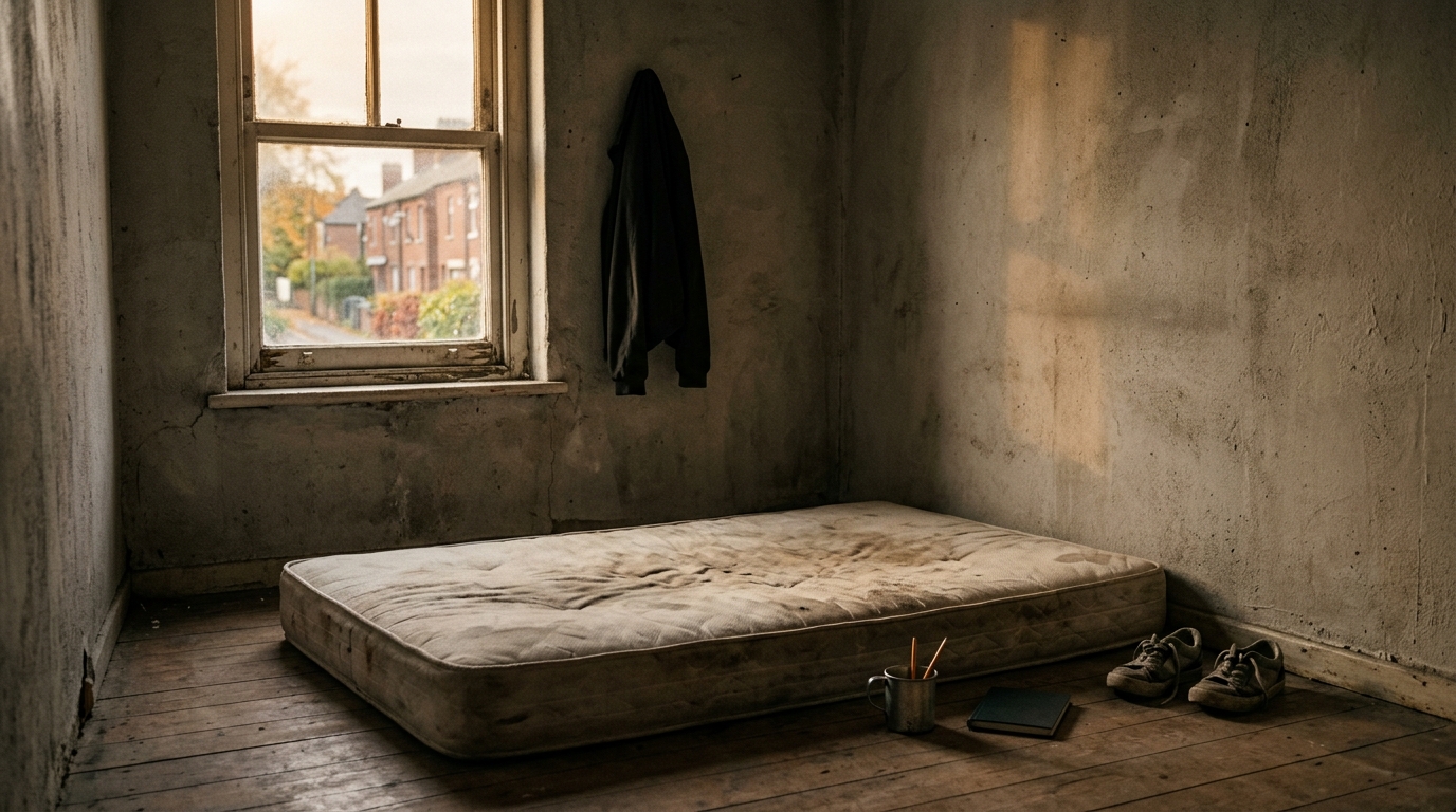Chambre sombre avec matelas nu au sol