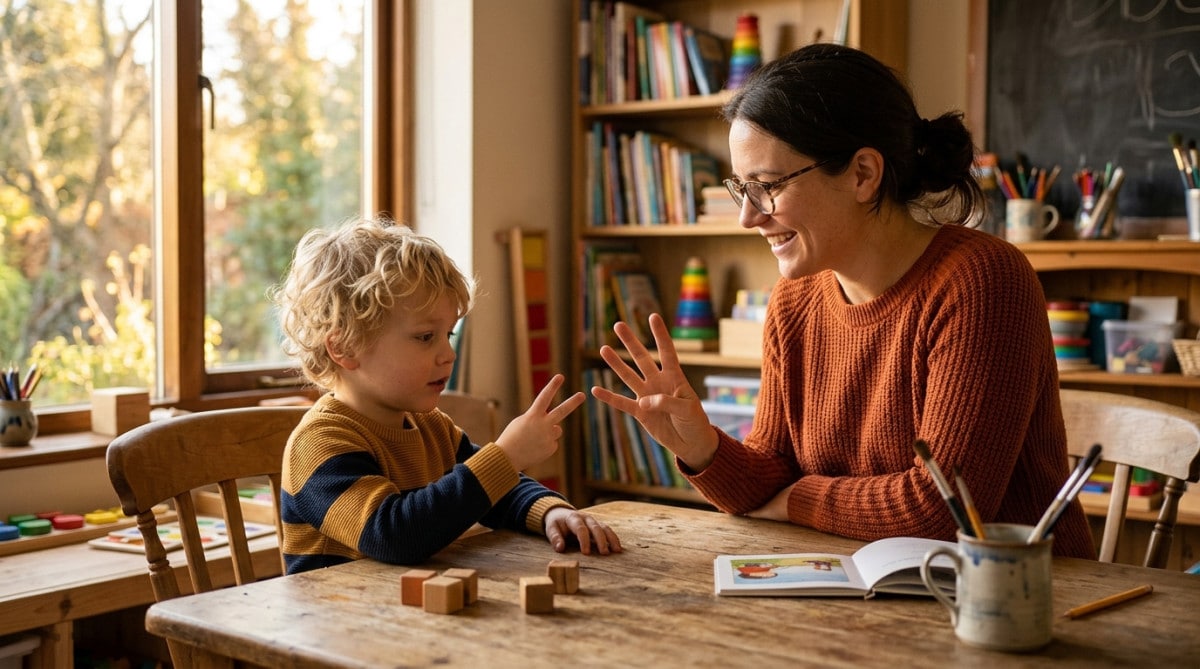 Adulte expliquant à un enfant la différence entre pouce et doigts