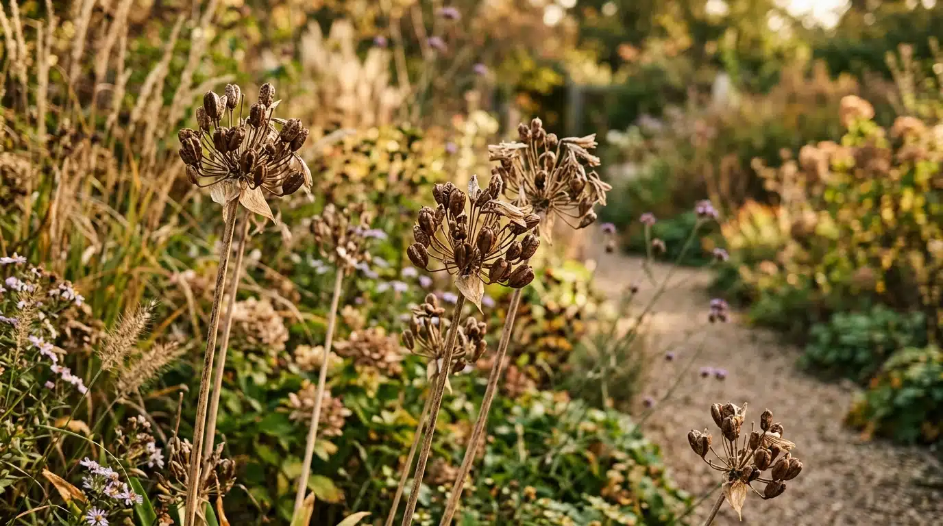 Tiges fanées d'agapanthes avec capsules de graines séchées