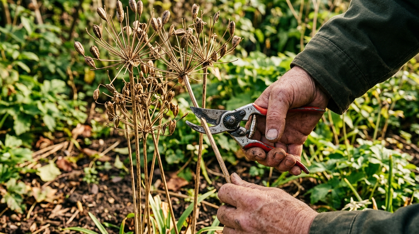 Sécateur coupant une tige d'agapanthe dans un massif