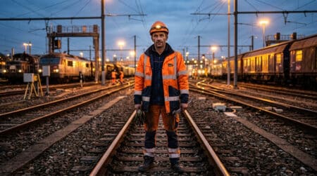 Agent SNCF en tenue de nuit sur les voies de triage