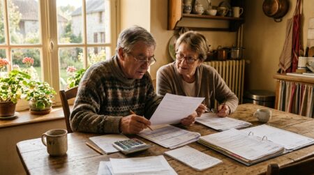 Couple de retraités vérifiant leur relevé de pension à la maison