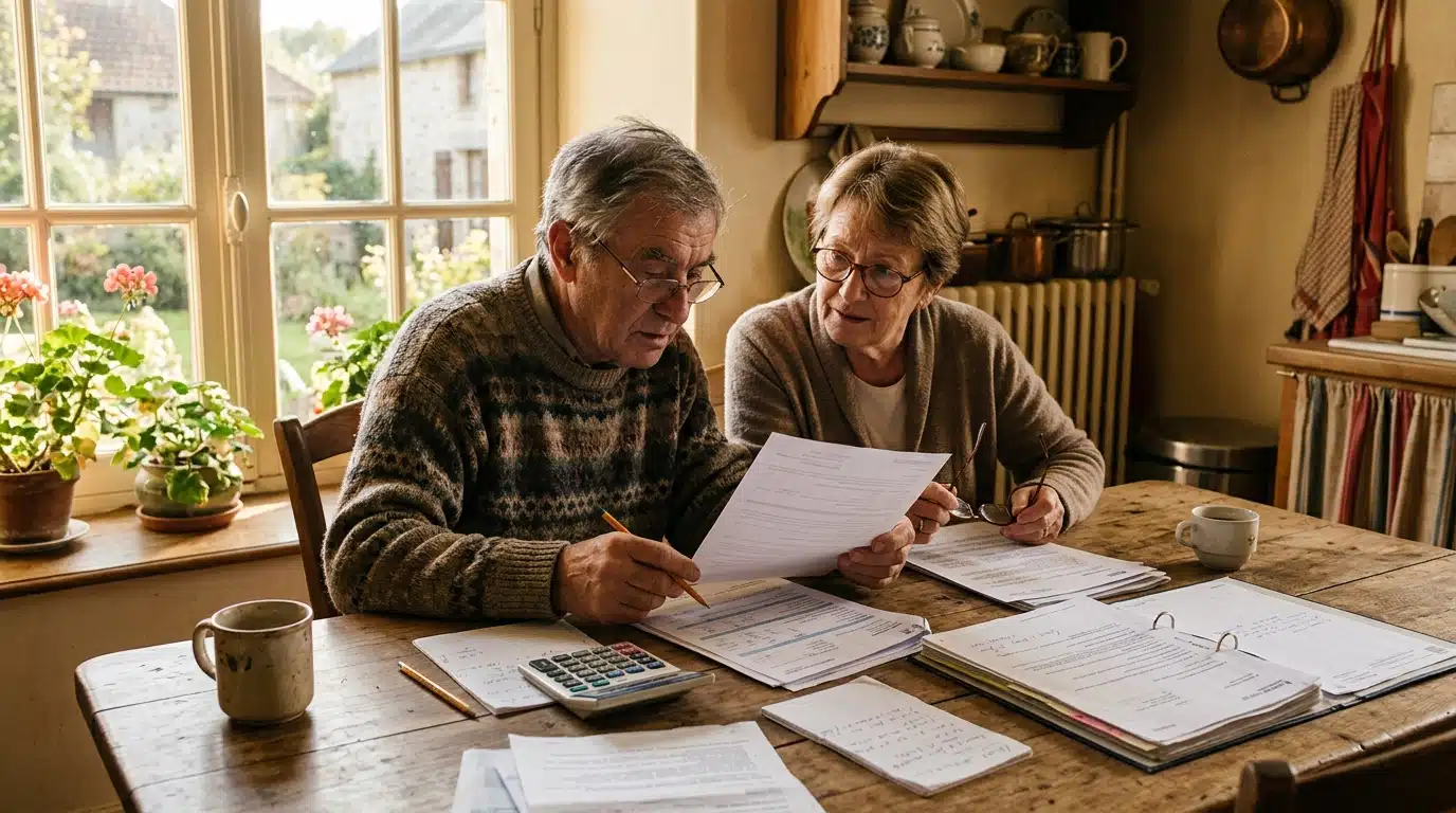 Couple de retraités vérifiant leur relevé de pension à la maison