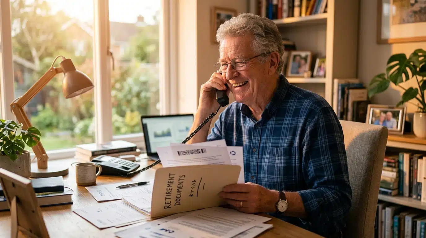 Retraité au téléphone avec un conseiller pour son dossier retraite
