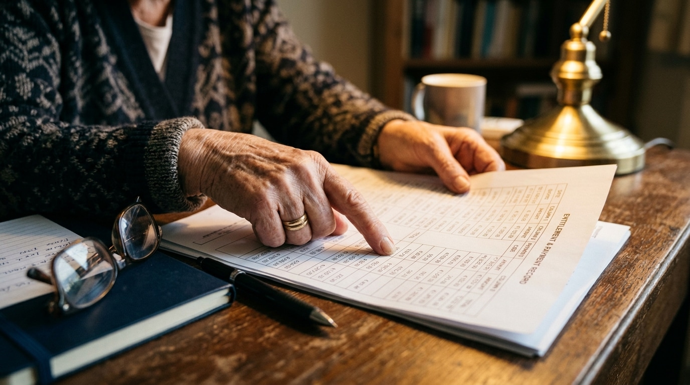 Gros plan sur des mains pointant les lignes d'un relevé de pension