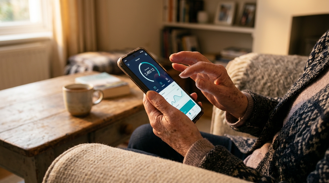 Retraitée consultant son application bancaire sur smartphone