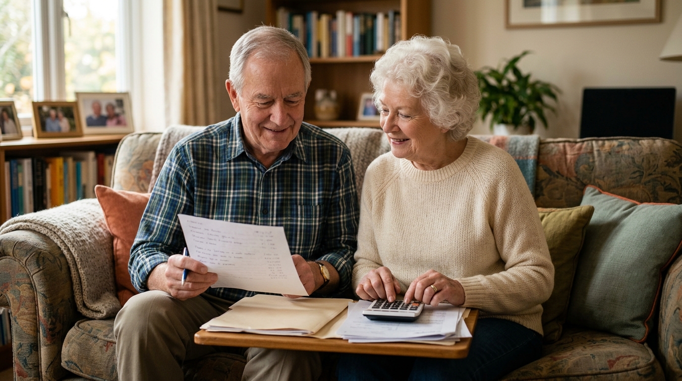 Couple de retraités vérifiant leurs documents de pension à la maison