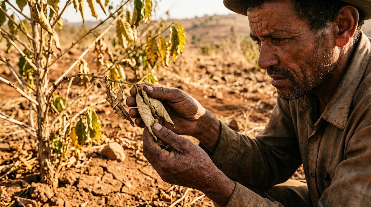 Agriculteur inquiet examinant ses plants de café flétris
