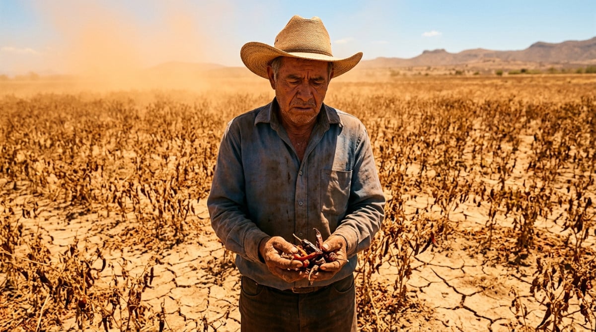 Agriculteur mexicain dans un champ de piments asséché