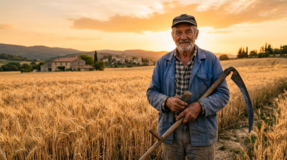 Agriculteur senior dans un champ au coucher du soleil