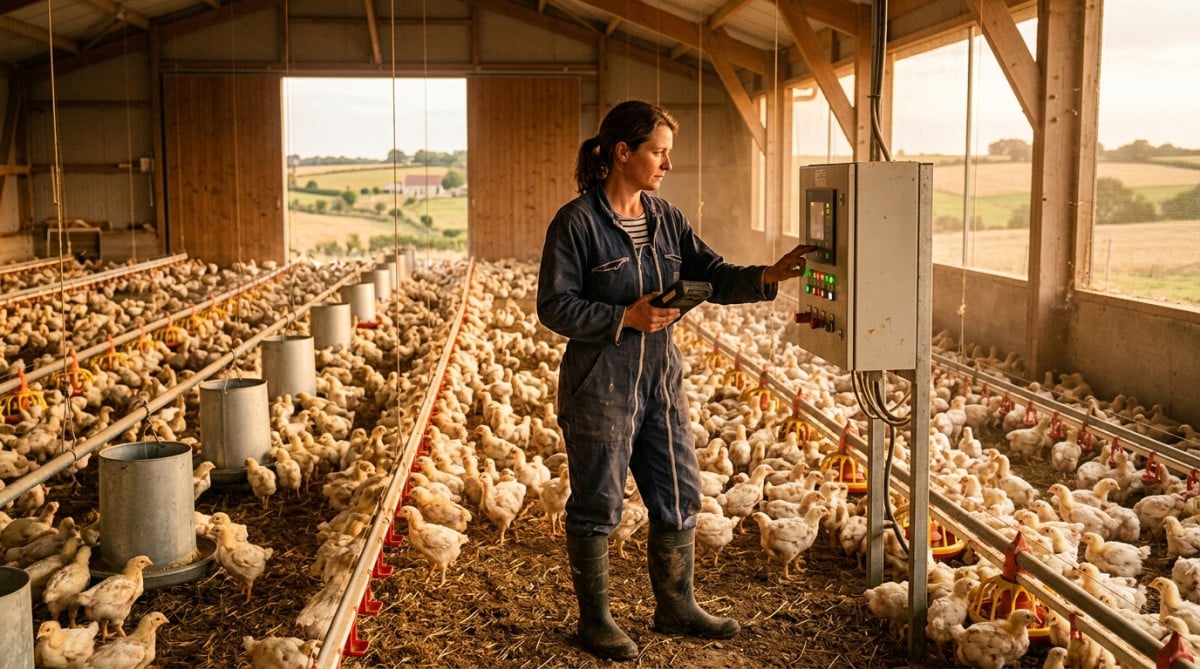 Agricultrice vendéenne dans son poulailler industriel