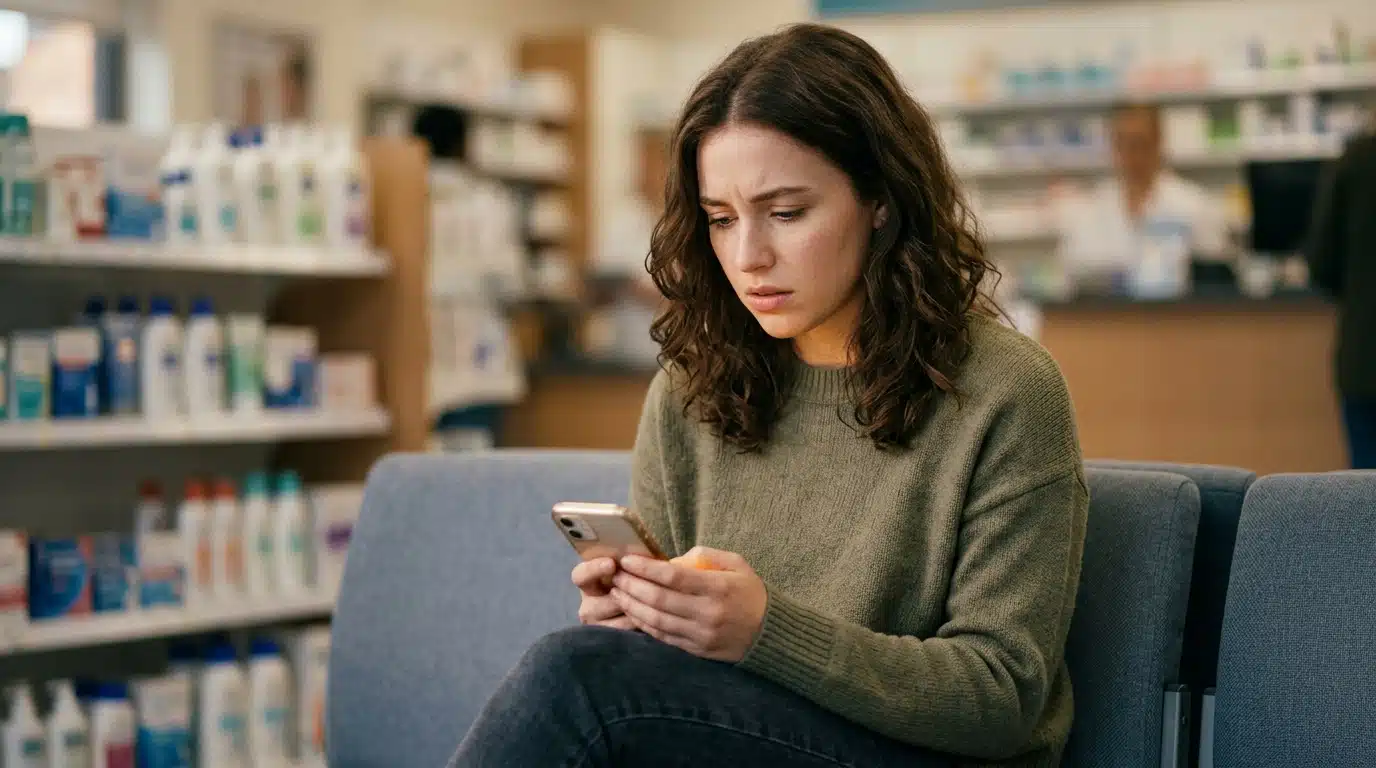 Personne inquiète consultant son téléphone en pharmacie