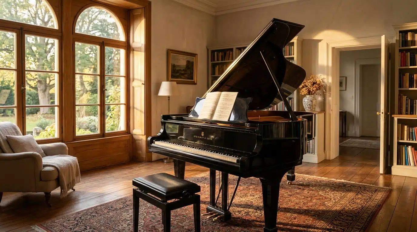 Piano dans une pièce baignée de lumière dorée