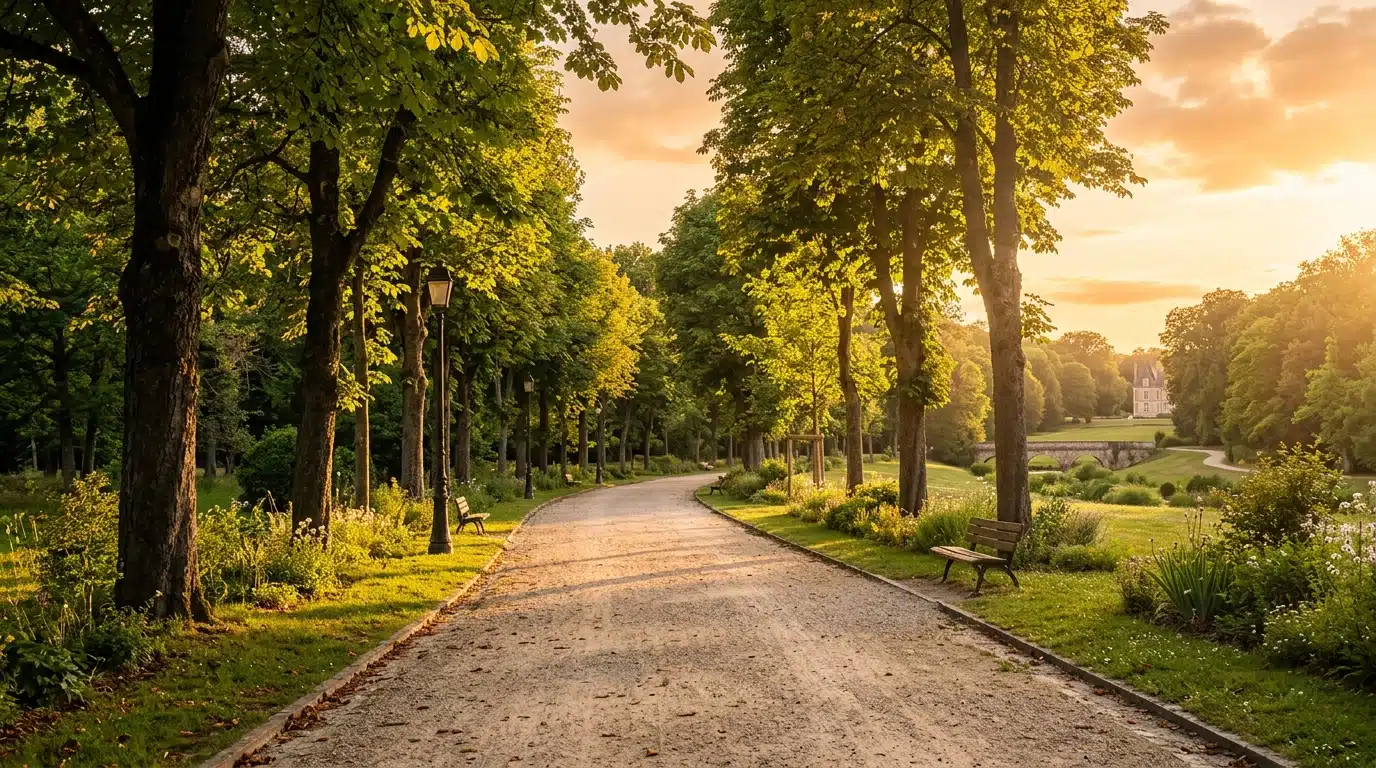 Chemin ensoleillé dans un parc à l'heure dorée
