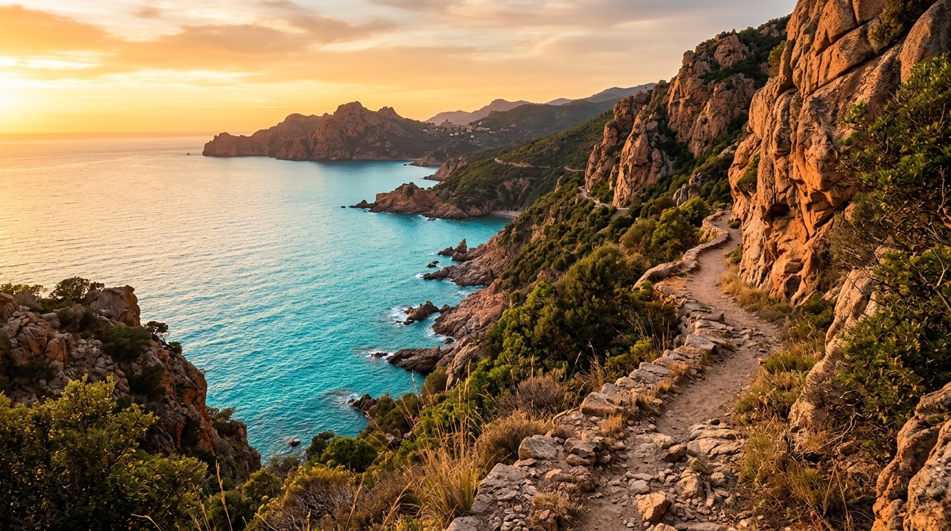 Sentier côtier en Corse au coucher du soleil