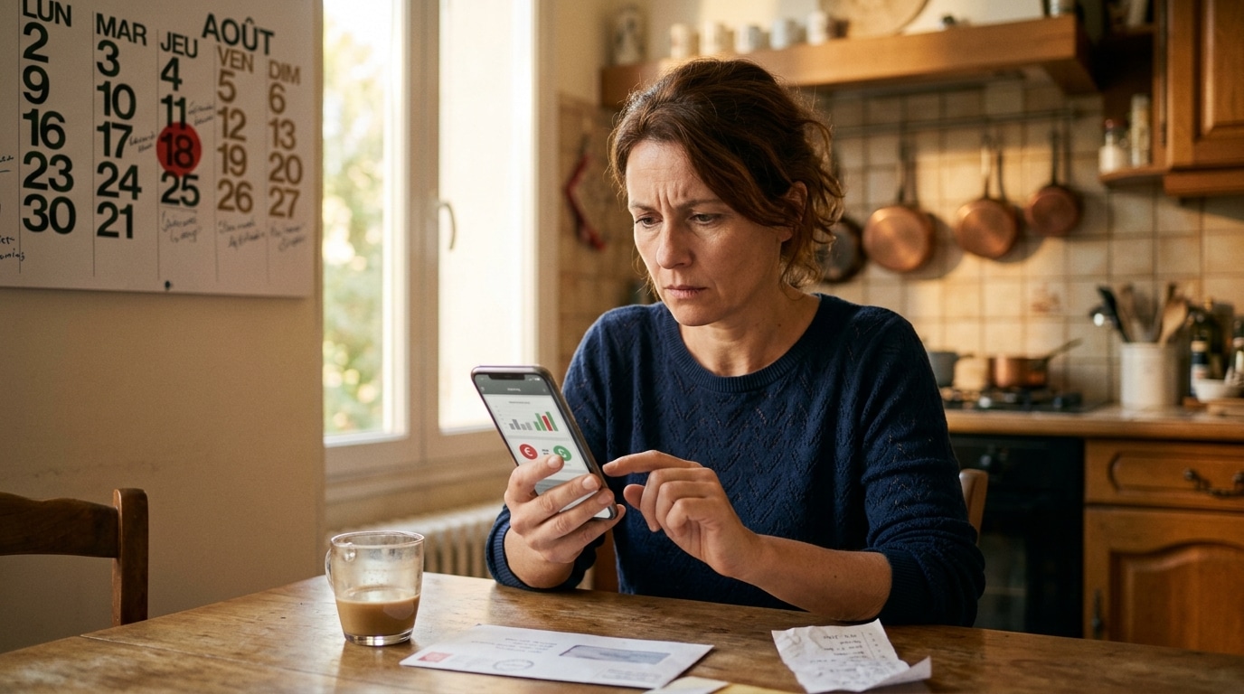 Mère vérifie le versement de l'allocation de rentrée sur son téléphone
