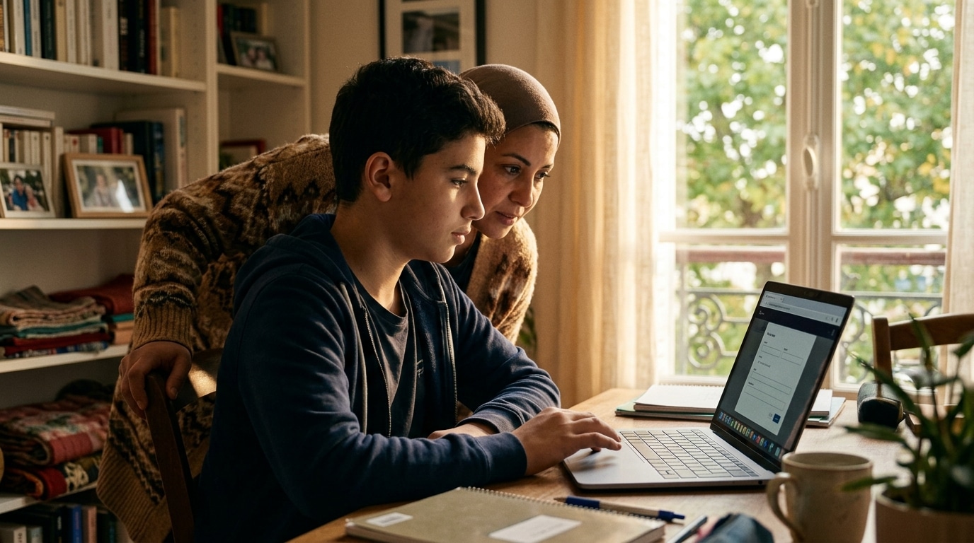 Adolescent remplit sa déclaration de scolarité en ligne avec sa mère