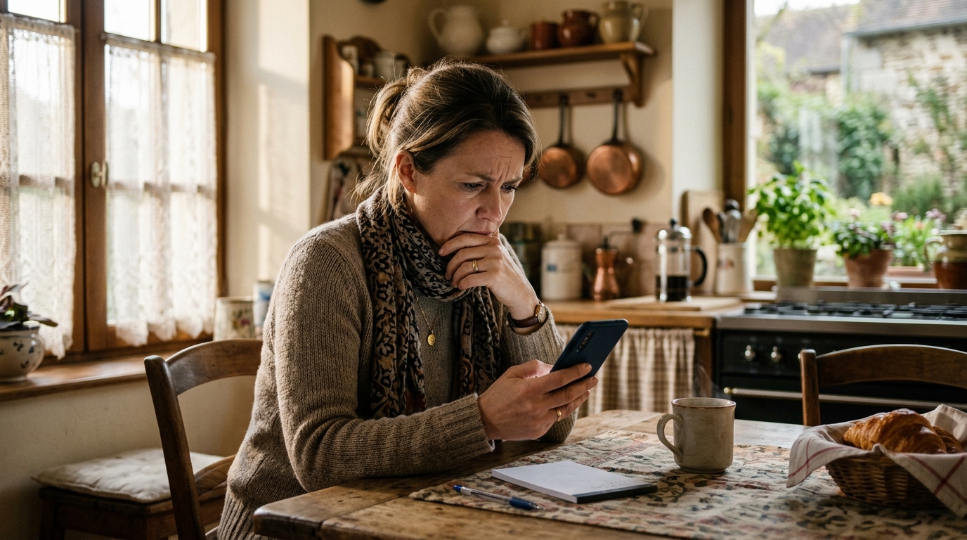 Mère vérifiant le versement de l'allocation sur son téléphone