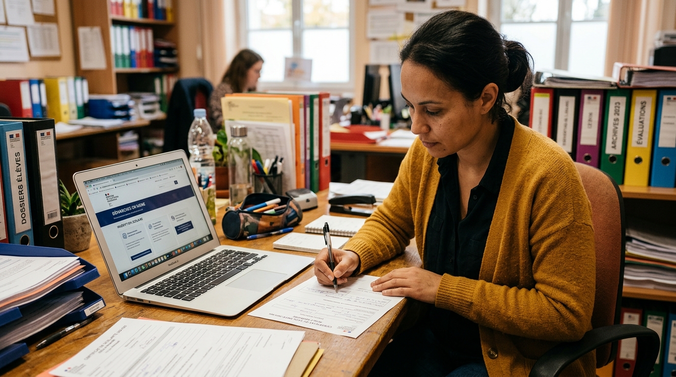 Parent remplissant un certificat de scolarité pour la Caf
