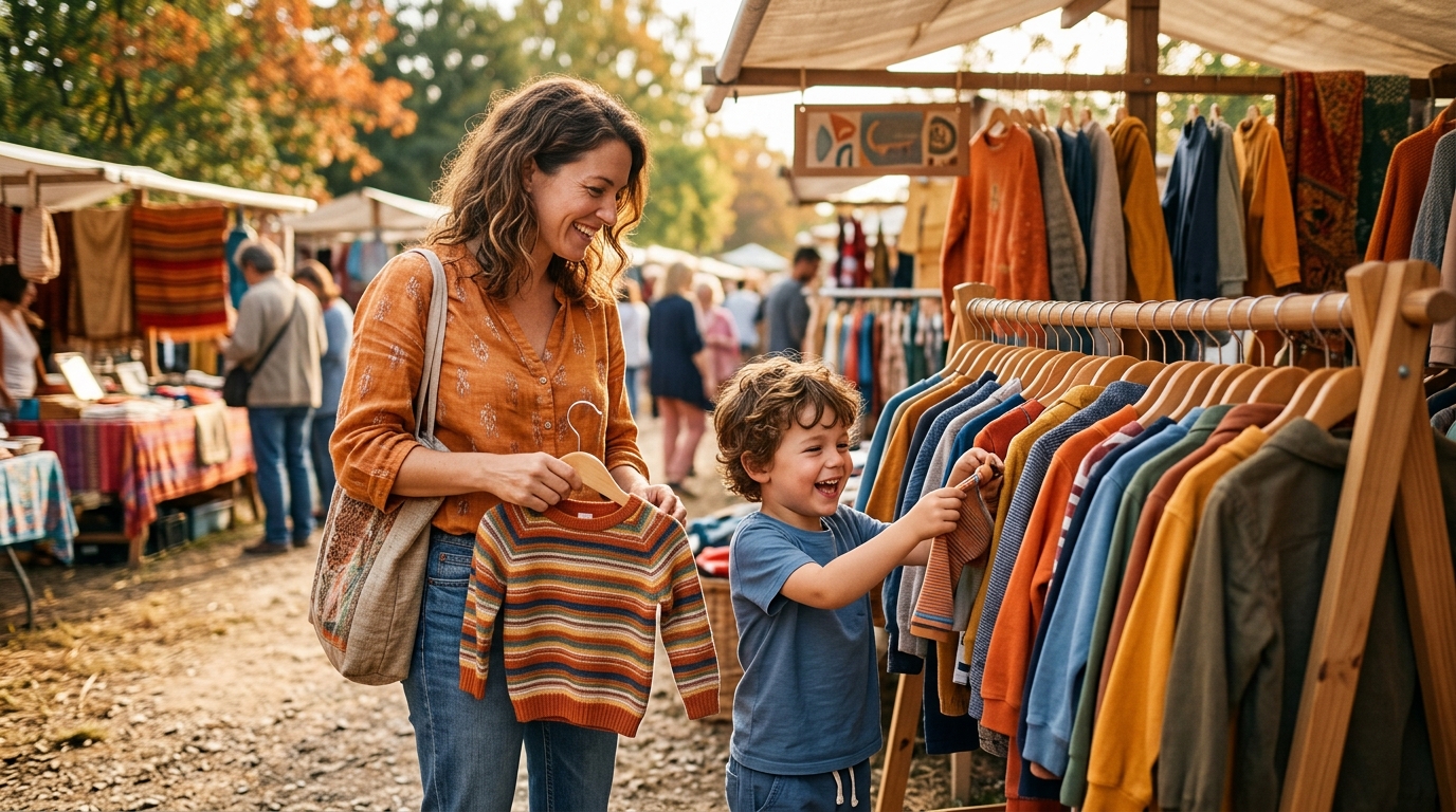 Parent et enfant achetant des vêtements d'occasion