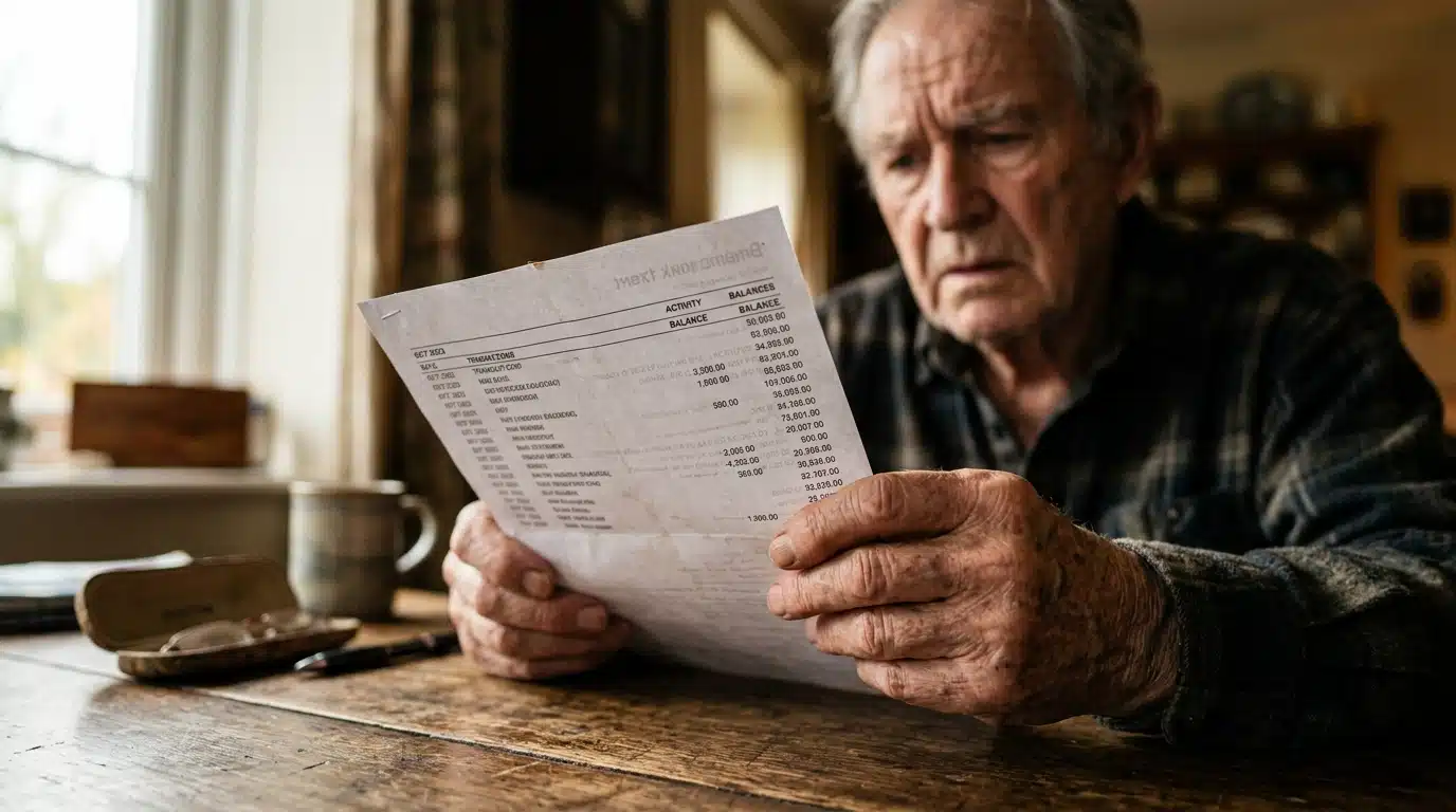 Mains âgées tenant un relevé bancaire avec inquiétude