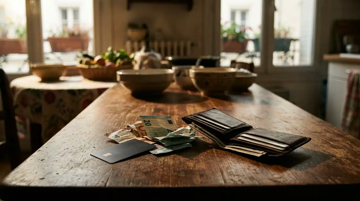 Carte bancaire et espèces sur une table de cuisine