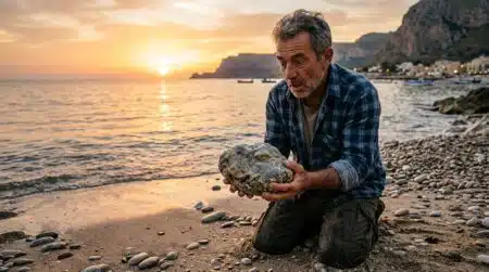 Homme découvrant un bloc d'ambre gris sur une plage sicilienne