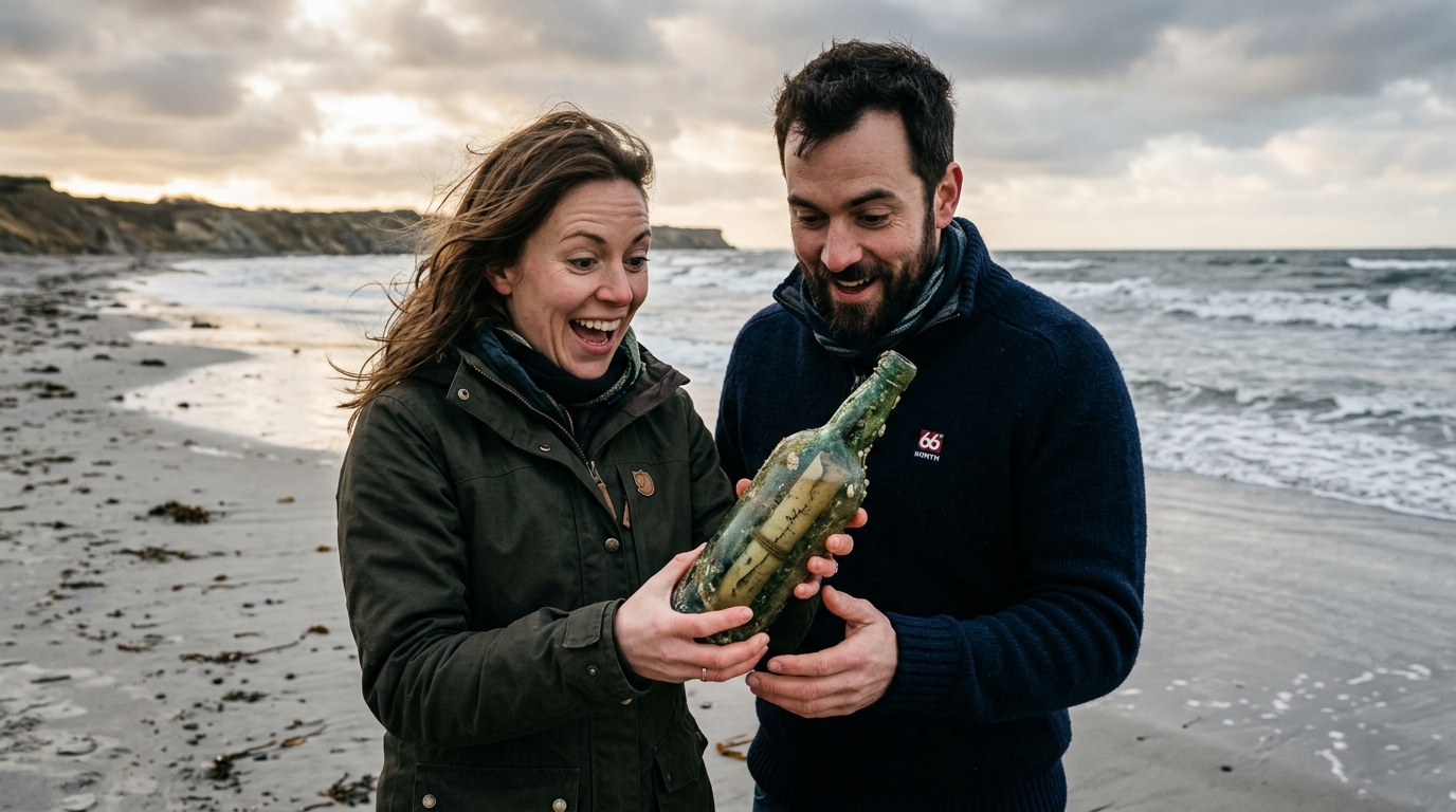 Couple trouvant une bouteille à la mer centenaire sur la plage