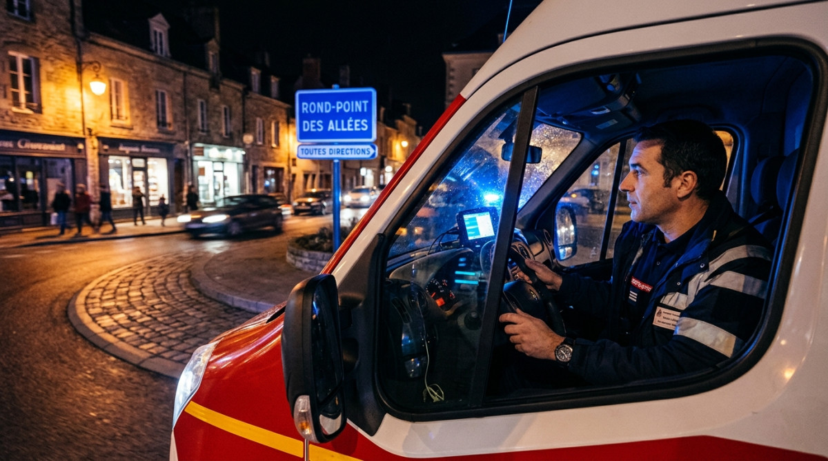 Ambulancier repérant un panneau de rond-point la nuit