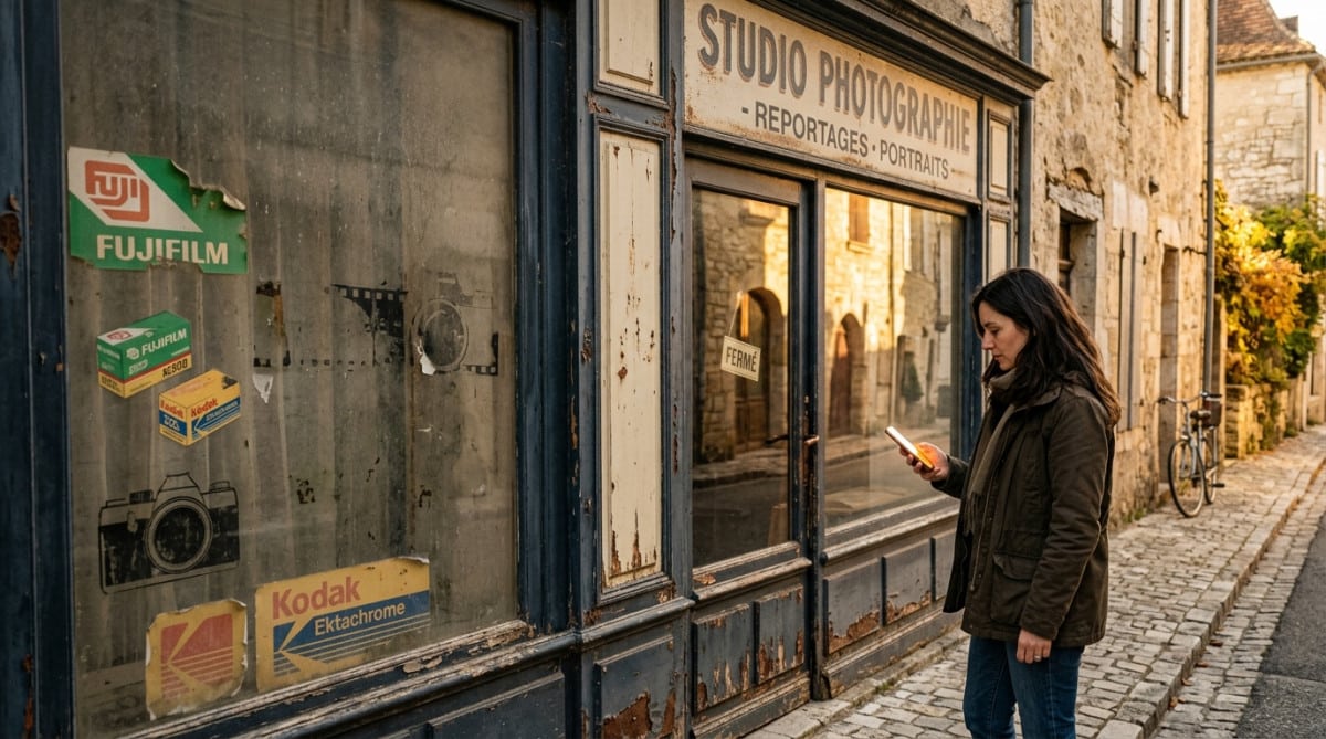 Ancien magasin de photo fermé face au smartphone moderne