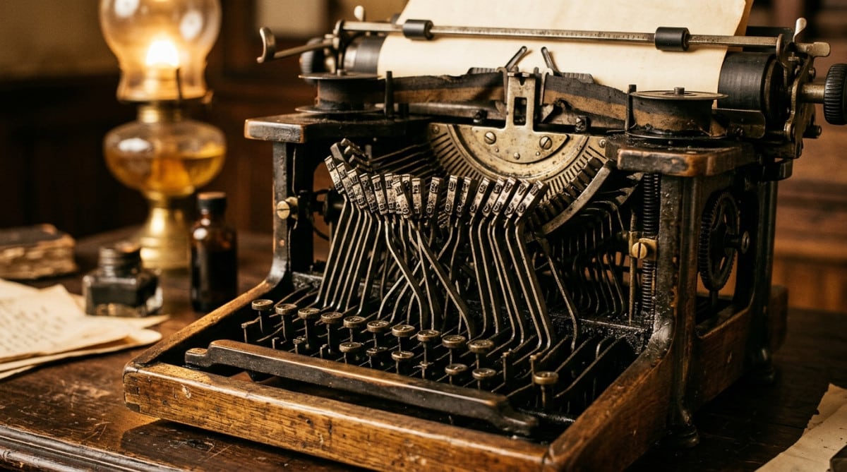 Ancienne machine à écrire avec tiges métalliques bloquées