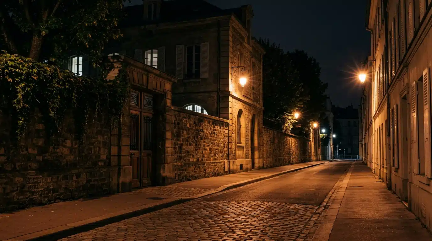 Rue sombre près d'une école la nuit à Angoulême