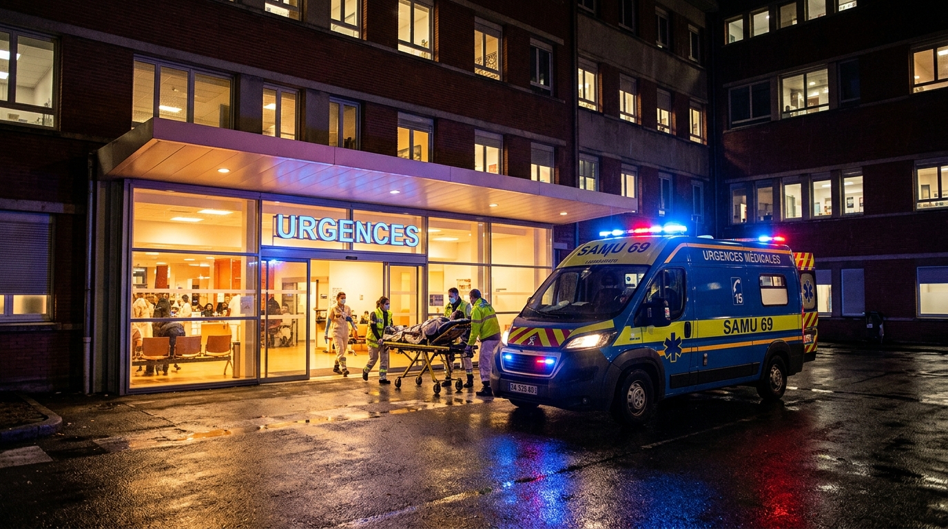 Entrée des urgences d'un hôpital français de nuit