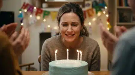 Femme mal à l'aise devant un gâteau d'anniversaire allumé