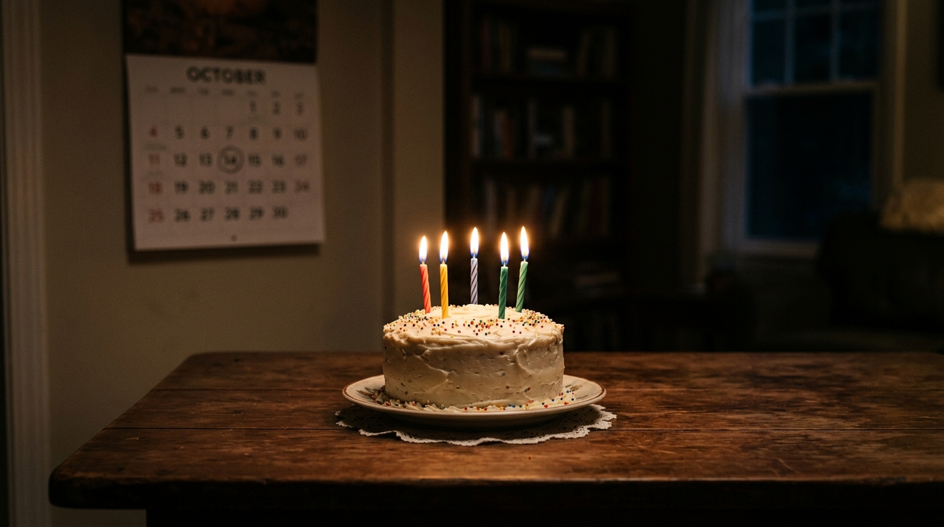 Gâteau d'anniversaire seul avec bougies dans une pièce sombre