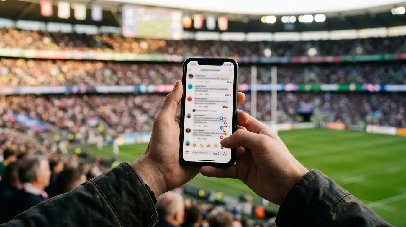 Main tenant un smartphone avec des réactions sur les réseaux sociaux