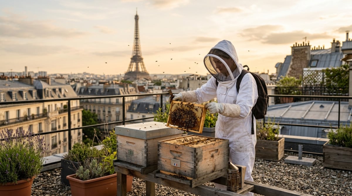 Apiculteur urbain sur un toit parisien avec ruches