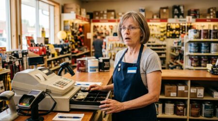 Caissière inquiète derrière une caisse de magasin