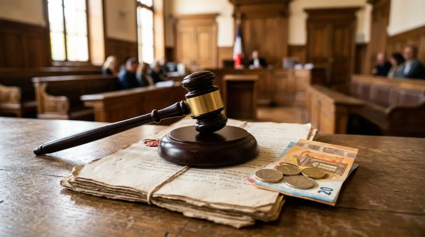 Marteau de justice posé près de billets et documents